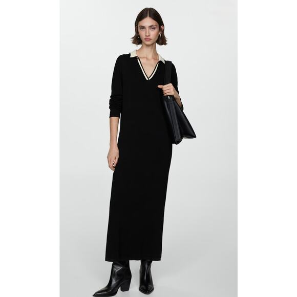 MANGO MNG Knitted Long Sleeve Maxi Sweater Dress Contrasting Shirt Collar Sz 6 - Picture 3 of 13